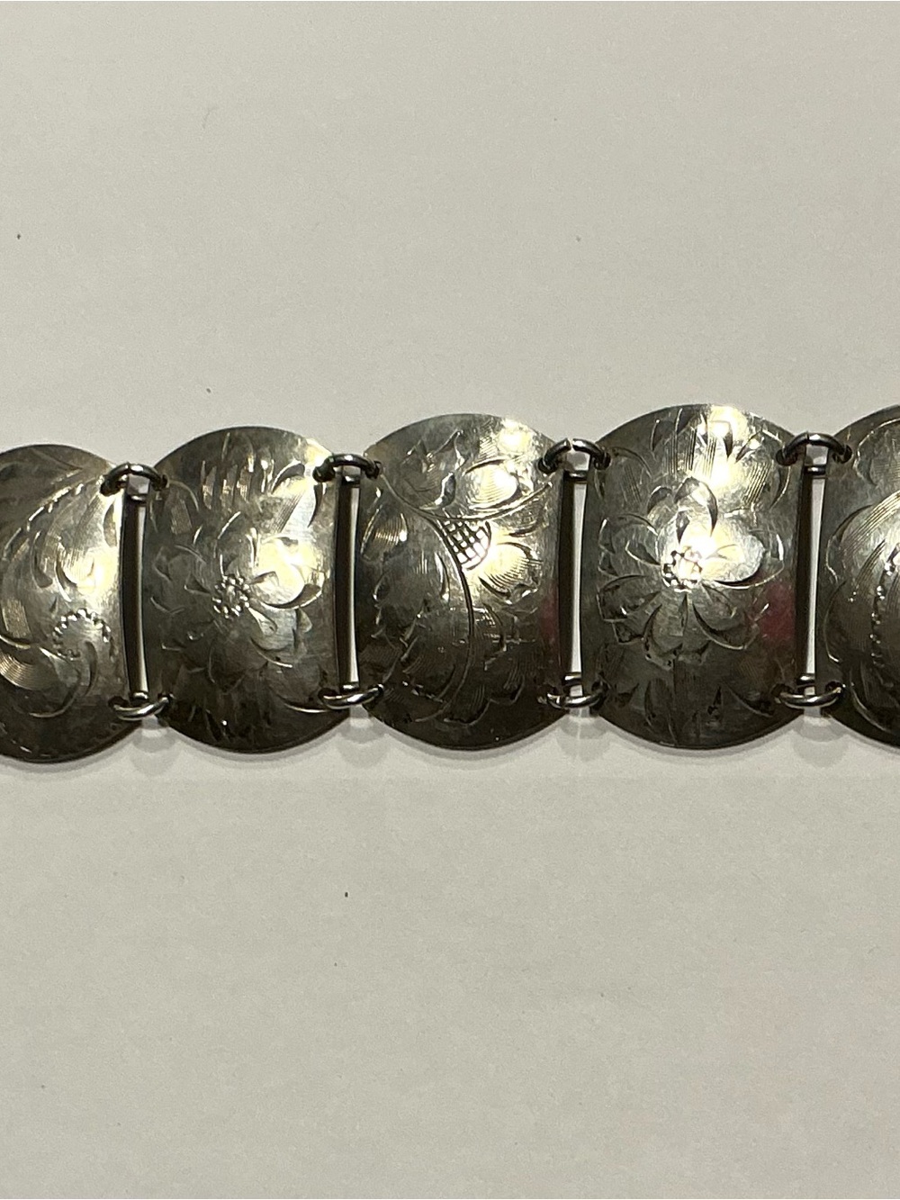Vintage Mid-Century Sterling Silver Floral Panel Bracelet 21g Signed LSD Petite